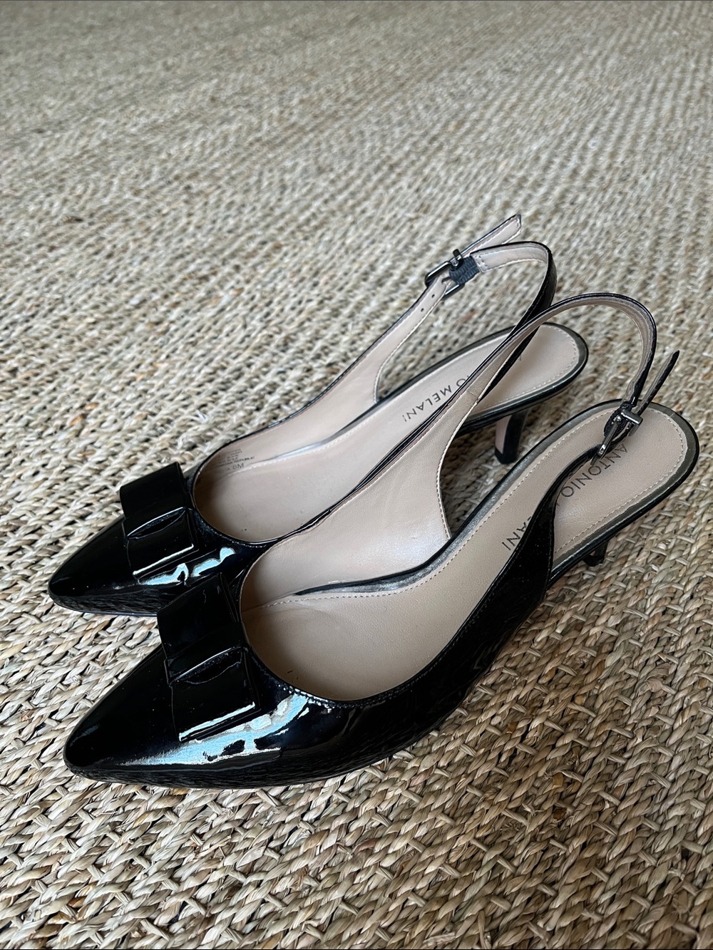 ANTONIO MELANI Black Patent Slingback Pumps with Bow